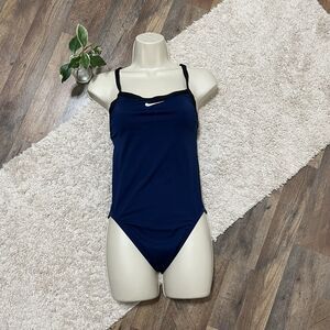 Nike 10 Navy Blue White Black Square Neck Cutout Racerback One Piece Swimsuit